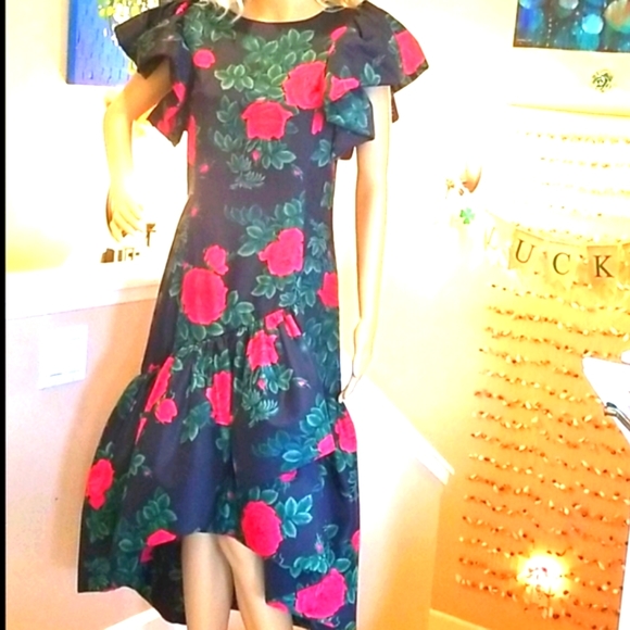 80's MORTON MYLES Red a Roses Ruffles Green BG Holiday Party Festive Midi Dress - Picture 6 of 16